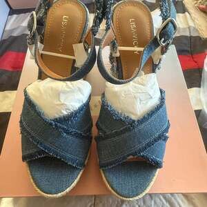 Glee-V Chambray Denim Wedge Sandals, Size 8.5 M